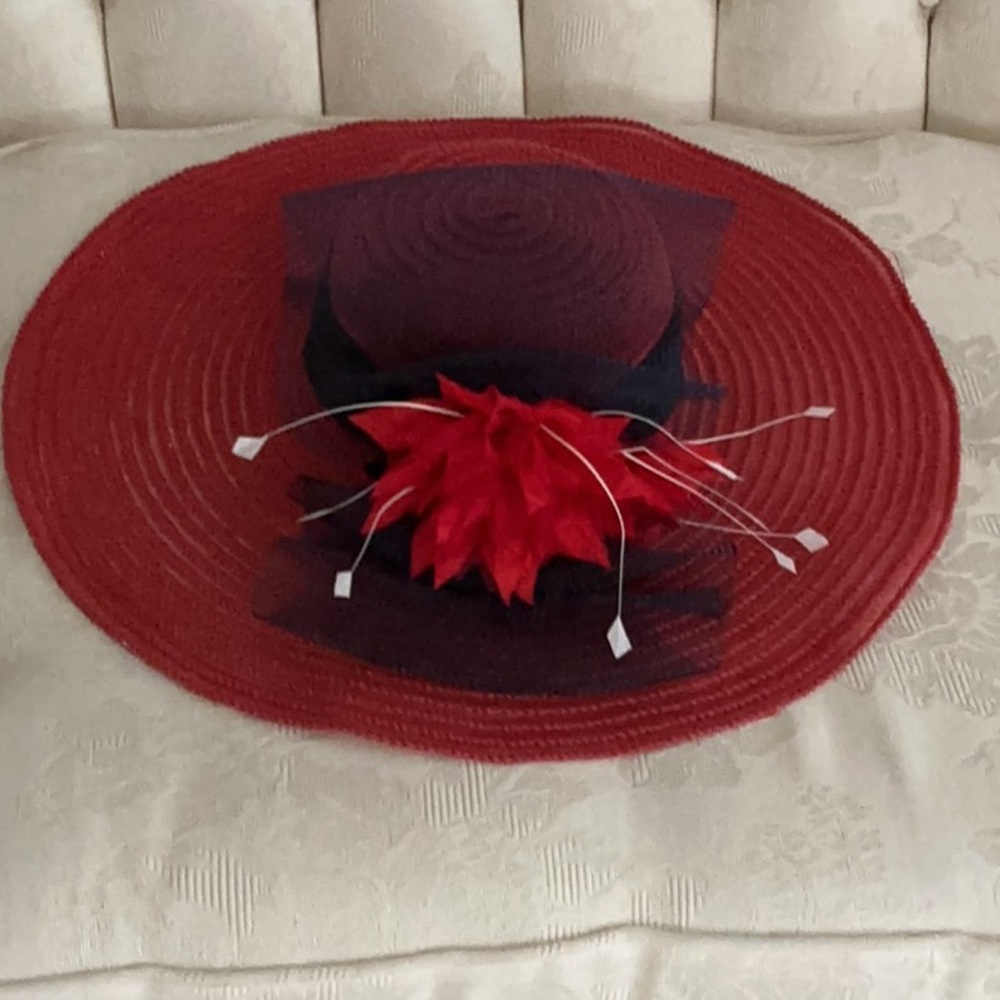 Anne Sawyer Red Wide-Brim Women's Derby Hat with Black Veil and Floral Accent